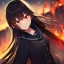 Placeholder: Clear focus,High resolution, Black long hair, Red eyes,Wearing a black sailor uniform,Looking away from the viewer,Ready for a epic battle between gods, Blurry fire