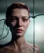 Placeholder: Ultra realistic photographic night portrait, cinematic, naked, short hair <sexy woman> <hanging wires> many wires coming out of the head <perfect pupil> <cyborg> <garage> <wide angle Shot> <sci-fi futuristic> <thriller>, fog, soft color, highly detailed, unreal engine 5, ray tracing, RTX, lumen lighting, ultra detail, volumetric lighting, high definition.