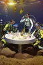 Placeholder: Drawing of 2 divers with full diving gear on, goggles, flip flops and suits are sitting outside at a round table having tea