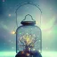 Placeholder: glowing fireflies in a lantern, many ghostly lights inside a belljar, fairy lights, polaroid, symmetry, bioluminescence, luminescent glow, moody, tender, photorealistic, octane render, golden hour