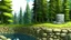 Placeholder: very high stone wall in fir tree forest with small pool of water in front in digital art