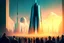 Placeholder: futuristic digital tall building, Crypto event, people gathered, solar punk, happy world,