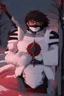 Placeholder: The character, in a striking white armour against a wintry backdrop stands with his arms behind his back inside the scene, he has a red and black circular symbol on his chest like a shield, a black pointed spear with a red handle on his back, His eyes are showing a dynamic expression and he wears a black oni with white sharp teeth on it covering the bottom part of his mouth he has brown shoulder pads and a white belt with a bag attached to it. He has dark brown hair, he does not wear a helmet.