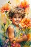 Placeholder: Summer flowers embraced by an alcohol ink splash, resembling Jody Bergsma's super realism infused with hyper-detailed Impressionism in 8K, a gold bar subtly nestled within the vibrant flora, a small, fluffy and slightly tanned boy exuding joy and happiness, all captured in watercolor, peaking in popularity on Artstation, photographed in a studio setting, sharp focus revealing intricate details of each