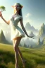 Placeholder: elven young woman, wearing light dress, happy expression, visible ultradetailed armonious cute femine face, visible and ultradetailed body with legs and feet exposed, luminous weather, field in the mountains, ultra realistic, concept art, intricate details, highly detailed, photorealistic, octane render, 8 k, unreal engine, art by artgerm and greg rutkowski and charlie bowater and magali villeneuve and alphonse mucha