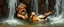Placeholder: master oil painting by Rembrandt,cute trolls bading baby inside waterfall with huge duck