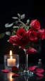 Placeholder: The image is a digital artwork that depicts a branch of tree of Red roses and leaves tangling down cr The background is black, which makes a branch of a tree of red roses stand out even more adding to the dreamy, ethereal quality of the image.all leaves and A big sweating glass of red wine up in front the roses. A dim light candle in the background