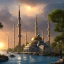 Placeholder: landscape, river, sun, a mosque, an outside view, and cinematic.