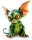 Placeholder: Flux P: a small gremlin, with large expressive yellow eyes and oversized ears that resemble bat wings. The creature has a vibrant green, slightly scaly skin, and a playful, mischievous expression. It sits in a dynamic pose, with a curled tail and pawed feet featuring sharp, claw-like toes. The background is minimalistic and bright white, emphasizing the creature's vivid colors. The lighting is soft and even, highlighting the detailed textures of the skin and the glossy shine of the eyes. The ove