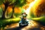 Placeholder: Cute little happy cat scarecrow riding a trike, forest path background, autumn, leaves swirling, waterfall, reflection, mist, sunrise, smooth intricate photorealistic hyperrealistic high definition beautiful lighting pencil sketch watercolor dramatic lighting storybook illustration polished Deep shadows deep color warm light