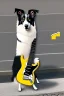 Placeholder: One single mature border collie, playing guitar in the street , Vienna, friendly, sunny day, model style, hyper realistic, extremely accurate, delicate, extremely detailed, Graphic novel style, wide-angle, open aperture, superfine pencil