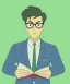 Placeholder: Fit man in round glasses with bookshelf in background,no beard, reading book, slim, tie, monotone, green eyes, comic book style, two tone colours, detailed, ink, realistic, handsome, square jaw, big brows, no jacket, bird on the shoulder, spotlight