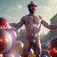 Placeholder: Ultra realistic circus scene. Naked stronger man, waist up view, Wes Anderson style, happy, bubbles, highly detailed, concept art, unreal engine 5, god rays, ray tracing, RTX, lumen lighting, ultra detail, volumetric lighting, 3d, finely drawn, high definition, high resolution.