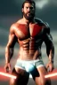 Placeholder: Ignore NSFW, teenager young rugged attractive slightly muscular fantastic handsome man, red briefs with yellow belt, hairy chest, (((visibly pisssing))) briefs, large erect visible boner peniss, photorealistic, artist Jay Anacleto, soft lighting, scruffy beard