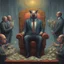 Placeholder: rich pig in suit on a throne making stacks of money by making a deal with a buisnessman. background of musicians. beksinski style