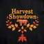 Placeholder: an autumn colored textured cloth embroidered ornamental leaves and cattle, pointed bottom, on dark background, embroidered text across top "Harvest Showdown", Canadian western cowboy style