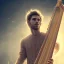 Placeholder: man playing harp, sweater, music