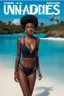 Placeholder: SWIMMING IN UNDIES magazine cover #65, high res photo of a black beauty with her hair slicked back, she stands in cotton two pieces swimsuit, the water at mid-height, looking at the camera, the island backwards.