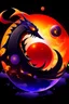 Placeholder: combining darkness and celestial elements. Feature a stylized eclipse at the center, with the moon partially covering the sun, casting claw-like shadows. Use deep purple fading into fiery orange-red. Surround the eclipse with jagged metallic shapes.