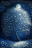 Placeholder: a background of softly blended blues, greys, silvers, and whites with distant, twinkling stars in the sky, an a moon casting a soft glow of light on a foreground of a field of various flowers surrounding a tree of life