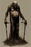 Placeholder: The full body of a fat man holding a cane , decayed and rotting with grotesque proportions and imagery. surreal horror, biomechanical design, by hr giger and beksinski