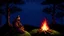 Placeholder: A samurai sitting near campfire alone in a dark forest at night on top of a hill, pixel-art. Dark, medieval, fantasy, magical. Inspired by dark souls, game of thrones, and lord of the rings. You can see a starry night sky. Lot of shadows.