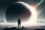 Placeholder: person seeing a grey exoplanet, sci-fi, very epic