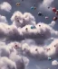 Placeholder: Ultra realistic speed clouds sky scene, wide angle view, strong men falling down with many Childs, circus clothing style, feather color clothing, free jumping flying, many trinkets, hair monster, many jelly beans, balls, color smoke, smile, happy, extreme, wind, clouds sea, 20,000 feet altitude, stratosphere, soft color, highly detailed, unreal engine 5, ray tracing, RTX, lumen lighting, ultra detail, volumetric lighting, 3d, finely drawn, high definition, high resolution.