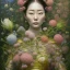 Placeholder: a painting of a woman surrounded by flowers, a surrealist painting, by Ikuo Hirayama, naotto hattori, detailed face with mask, draped in rich green and pink, gong li, ayami kojima and yoshitaka amano, alexey egorov, stems, (collage), hiromasa ogura, yang qi --ar 2:3