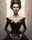 Placeholder: old evil queen in black leather gown, femme fatale, volouptous, busty, cleavage, angry, emperious, 8k resolution concept art portrait by Greg Rutkowski,