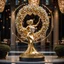 Placeholder: A magnificent golden and silver heart-shaped sign adorned with a stunning golden sphere encrusted with sparkling diamond clusters at its center, elegantly spinning in position,a girl statue standing pose