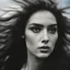 Placeholder: a woman with long wild hair on a windy day, in the style of toy camera effects, haunting elegance, frozen movement, captivating gaze, voigtlander bessa r2m, black paintings, new york school --ar 71:128 --stylize 750 --v 6