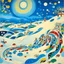 Placeholder: A pale bluish white snowfield with falling snowflakes designed in African pottery painted by Wassily Kandinsky