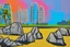 Placeholder: Sunny day, people, rocks, sand, distant modern city, stencil painting with color