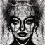 Placeholder: Silver on black paper portrait of female face of migraine, face distorted with pain, reverse colors, screaming, tears streaming from eyes, colorless, glitchcore, dystopian, horror, ultra realist texture, intricate line drawing,