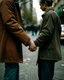 Placeholder: una mujer y un hombre de la mano en una calle de una ciudad. Primer plano, fotografía realizada con cámara Leica y objetivo de 50 mm. fotografía en color. Colores alegres