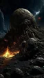 Placeholder: molten dark rocks and pebbles of various sizes merging together as a rocky volcanic planet in darkness with chunks of small rocks of various sizes, dust, and explosions of magma mixed with ash hurtling outward surrounded by distant stars in a vast universe