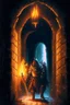 Placeholder: A frightening castle dungeon hallway with an evil knight warrior in rusty chainmail holding a burning torch painterly rpg art