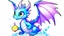 Placeholder: cartoon illustration: a cute ice dragon with big shiny eyes and two purple crystal wings. The dragon is flying.. the dragon is eating a cake