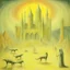 Placeholder: art by "Leonora Carrington", painting, landscape , Feigned The Palace Beyond Good and Evil, at Dawn, Illustration, Hopeless, 70s Science Fiction, Provia, overly complex style