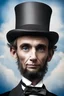 Placeholder: facial portrait - 10-year-old Abraham Lincoln is posing for his school picture - wearing a black suit and tie and a top hat - Sparkling, Sky blue Background, professional quality studio 8x10 UHD Digital photograph by Scott Kendall - multicolored spotlight, Photorealistic, realistic stock photo, Professional quality Photograph. colored Fog