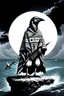 Placeholder: An anthropomorphic raven in a poncho with a Scandinavian pattern. In his hands is a harpoon, the raven's hands are like the paws of a bird. The raven stands on a cliff on the seashore. Storm, cloudy.