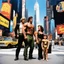 Placeholder: [father, wife and son] In the heart of New York City, the fearless and primal Tarzan, accompanied by his adventurous wife Jane Porter and their young son Korak, stand in Times Square painted by Andy Warhol