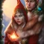 Placeholder: two elves. woman and man. Christmas scene. poster. marvel comic. low-key