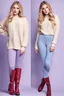 Placeholder: beautiful 18 year old girl with ash blonde hair and blue eyes with her curvy hair down, wearing a long-sleeved woollen top, and lilac long leggings, with long red boots full body standing pose shot