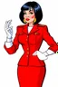 Placeholder: cartoon style image of very feminine, mature black haired 40 year old sexy French stewardess in red uniform with short bob cut and strong, seductive makeup, smoky green eyes, highly shiny white plastic gloves, big thick pouty bright red lips and large golden earrings who looks like Elodie Cherie
