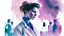 Placeholder: a watercolor painting of a powerful-looking woman in a lab coat, hair tied, experimenting with chemicals, low angle, volumetric, and a gradient background in shades of pink or blue.