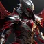 Placeholder: silver and crimson knight armor with glowing red eyes, and a ghostly red flowing cape, crimson trim flows throughout the armor, the helmet is fully covering the face, black and red spikes erupt from the shoulder pads, crimson and gold angel wings are erupting from the back, crimson hair coming out the helmet, spikes erupting from the shoulder pads and gauntlets