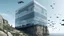 Placeholder: LARGE MINIMALIST GLASS BUILDING FULL OF CREATURES ON A CLIFF, Scared, Formal outfit, Bottom view, Zoom out, Brand identity