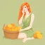 Placeholder: A beautiful young woman with orange hair sitting in a light green dress with a basket full of mangoes. All on a light background that can be easily removed.